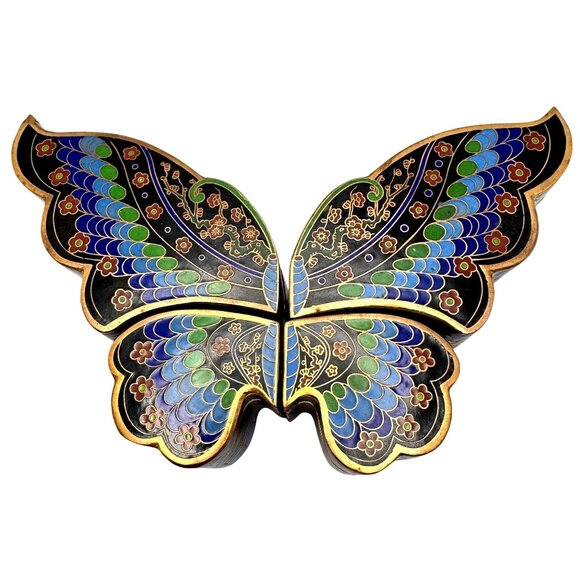 Cloisonné Vtg Brass Butterfly Trinket Box Blue Green Black Gold Tone Chinese - Picture 1 of 15